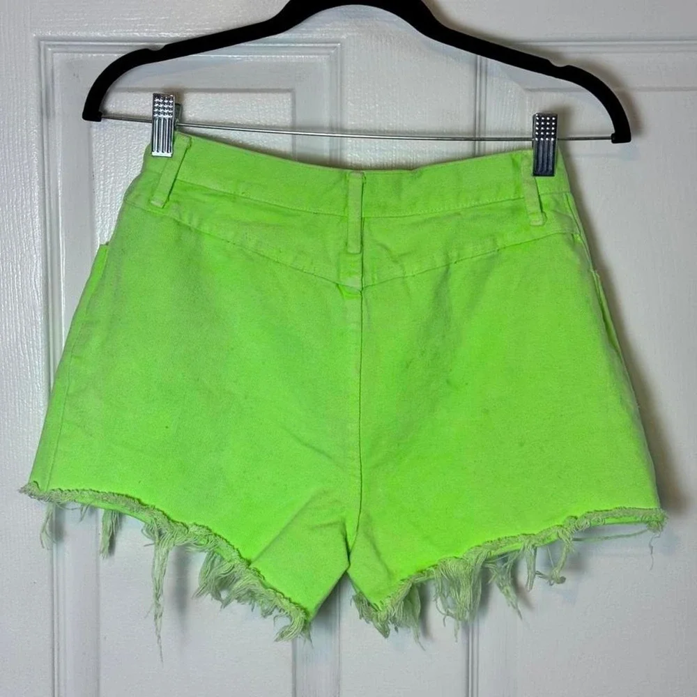 VTG Fredricks Of Hollywood Neon Lime Fringe Denim High Waist Womens Shorts- Read